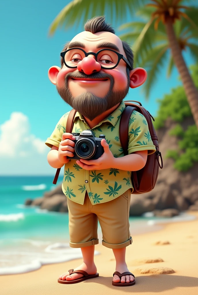 3d caricature, very big head with , photo of a photographer wearing a hat and thick glasses, reddish nose, chubby cheeks, some width of beard, Hawaiian beach clothes, 3/4 trousers, flip flops, carrying a camera and backpack
