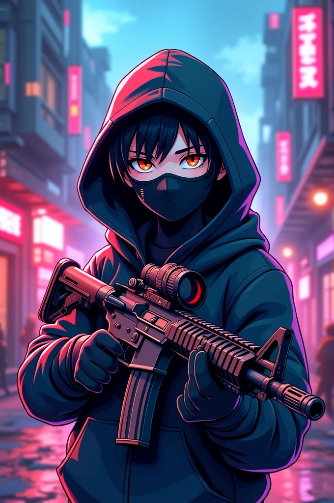 Voyd gaming logo with a animated masked boy wearing hoodie holding m416 glacier in the background