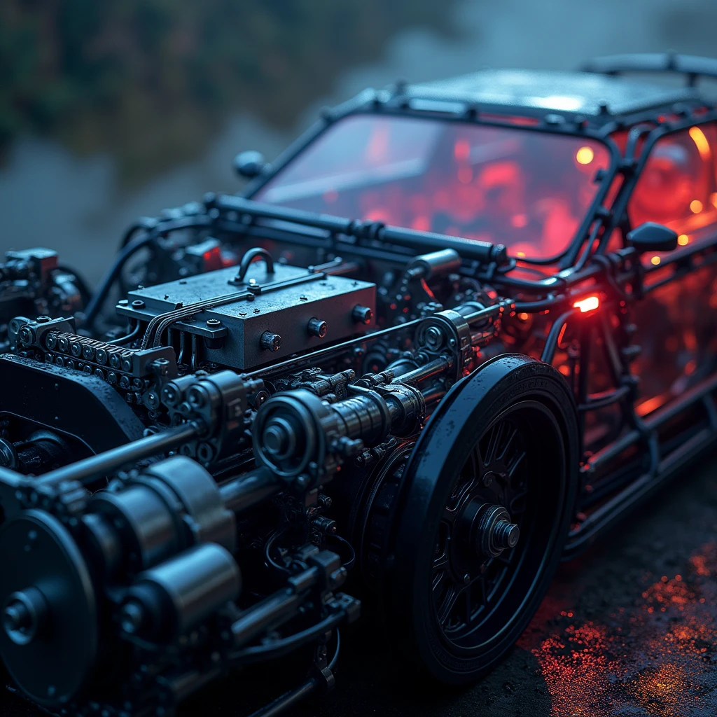 (smoky dust background). So many beautiful gears and timing chains, close-up shots of the timing chains, dynamic camera work, inside of an automobile, beautiful metallic light reflections, colorful led growing from inside, focus on timing chains, black machine oil reflecting the lights