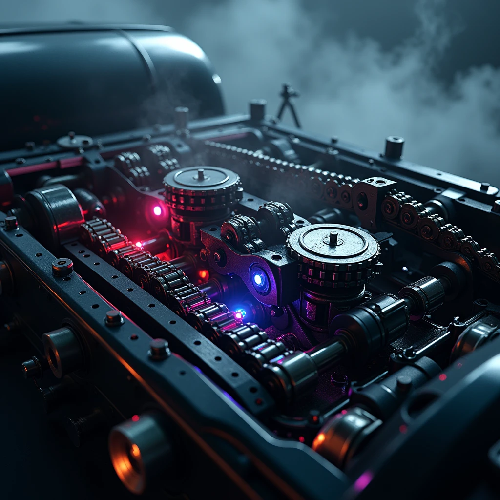 (smoky dust background). So many beautiful gears and timing chains, close-up shots of the timing chains, dynamic camera work, inside of an automobile, beautiful metallic light reflections, colorful led growing from inside, focus on timing chains, black machine oil reflecting the lights