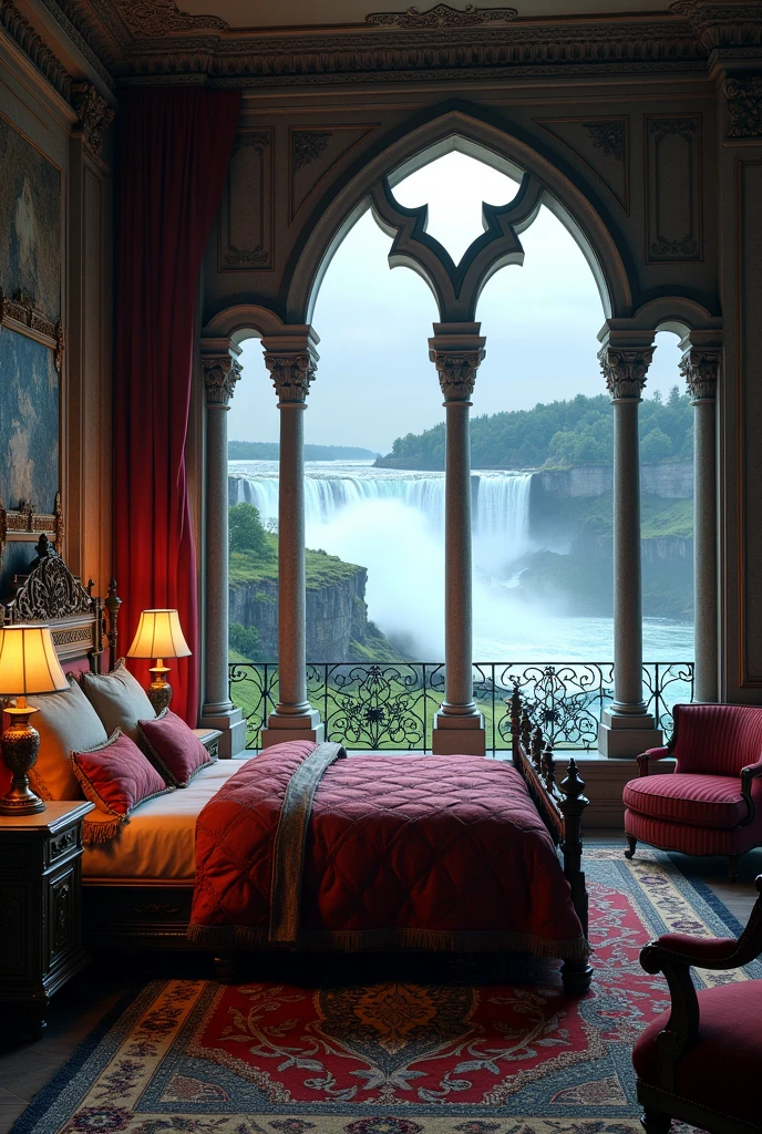 Riverside bedroom。The Romanesque bedroom offers a dramatic view of Niagara Falls.。Fantastic and mysterious scenery。bed。unmanned。
