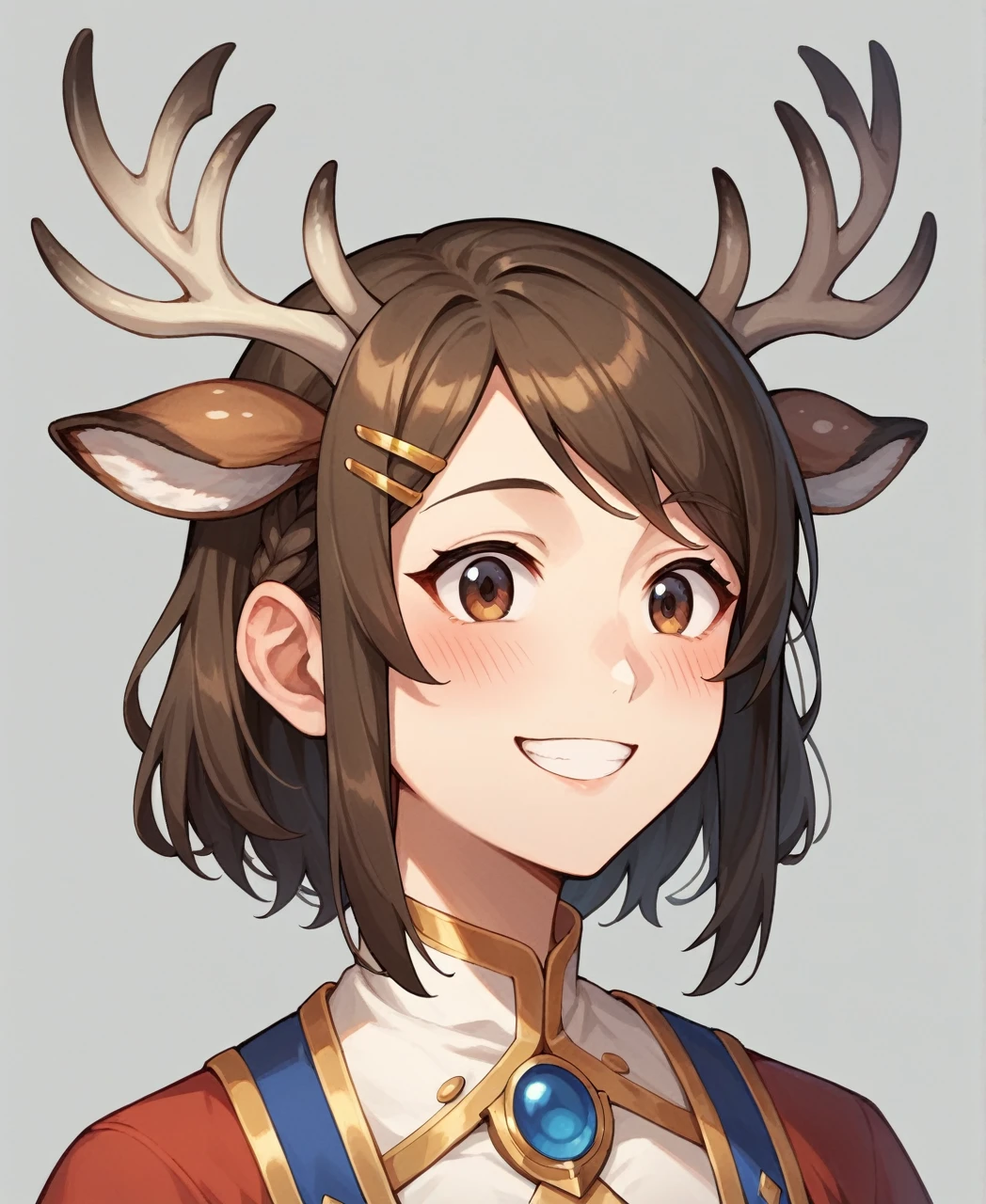 Highest quality,masterpiece, 1 girl, alone, Model shoot, wonderful, Arena, (((Portrait))), horn, Deer ears, View Users, smile, blush, hairpin,(( Braiding)), hair ornaments, ((Hair Clip)),