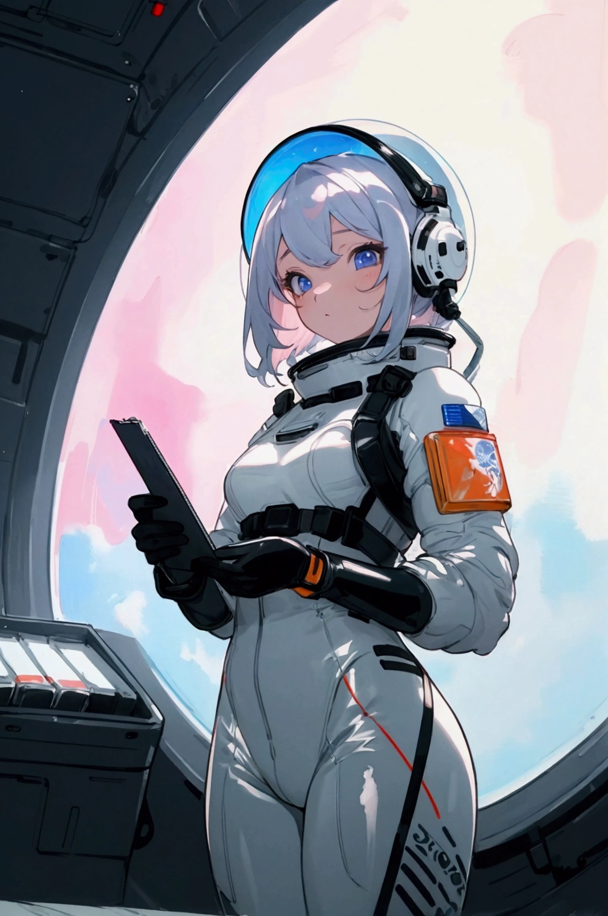 (8K, best quality, masterpiece:1.2),(best quality:1.0), (Ultra-high resolution:1.0), watercolor, A beautiful woman, Shoulder , Extremely bright design, Soft colors, (ink:1.3), Lights from space, Latex tight space suit, Black gloves, White pants, helmet, Fit, Holding a notebook, Stand on the space station,
