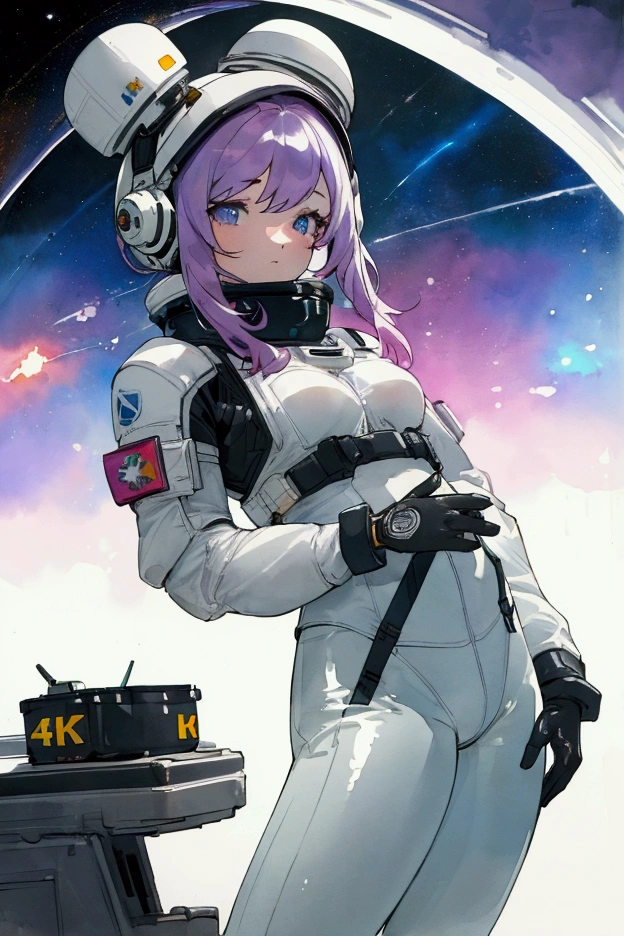 (8K, best quality, masterpiece:1.2),(best quality:1.0), (Ultra-high resolution:1.0), watercolor, A beautiful woman, Shoulder , Extremely bright design, Soft colors, (ink:1.3), Lights from space, Latex tight space suit, Black gloves, White pants, helmet, Fit, Holding a notebook, Stand on the space station，