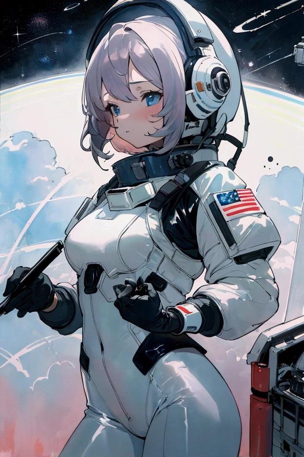 (8K, best quality, masterpiece:1.2),(best quality:1.0), (Ultra-high resolution:1.0), watercolor, A beautiful woman, Shoulder , Extremely bright design, Soft colors, (ink:1.3), Lights from space, Latex tight space suit, Black gloves, White pants, helmet, Fit, Holding a notebook, Stand on the space station,