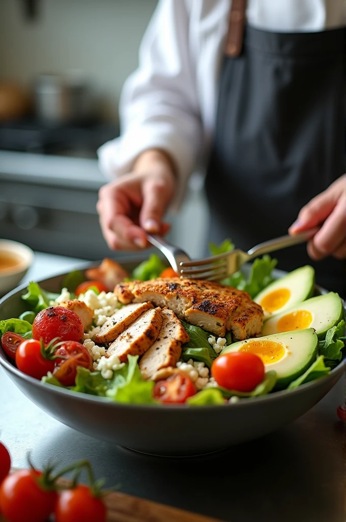 Create a dynamic cooking video showcasing the preparation of a gourmet Cobb salad. Start with fresh ingredients: leafy greens, ripe avocados, juicy cherry tomatoes, crispy bacon, and a perfectly soft-boiled egg. Show the process of grilling seasoned chicken to perfection, slicing it into tender strips, and arranging the salad ingredients in a large bowl. Capture the richness of the blue cheese crumbles and the smoothness of the avocado slices as they’re added. Finish with a drizzle of a tangy dressing, highlighting the vibrant colors and textures of the dish. Use close-ups and slow-motion shots to emphasize the freshness and quality of the ingredients