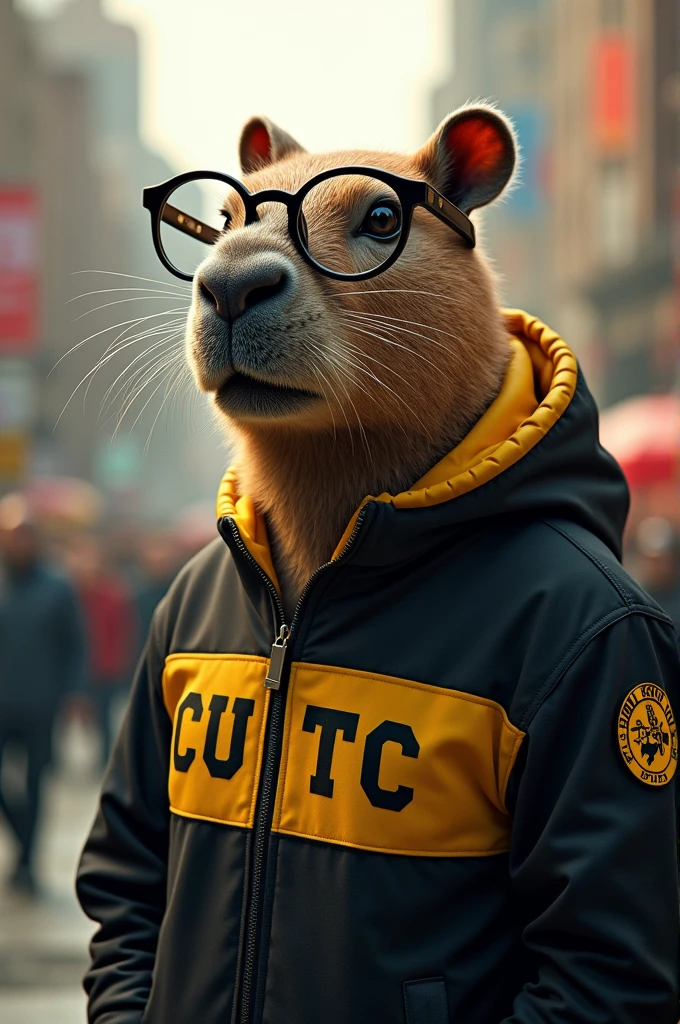 A student and revolutionary capybara with glasses and a black and yellow uniform with the logo saying uptc 