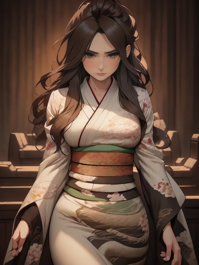 (Caucasian woman, female, dark brown hair, pale skin, brown eyes, solo portrait, natural breasts), (( green kimono, long flowing kimono, green clothing, dragon print kimono)), ( gentle smile, seductive look, smiling, looking up at viewer standing inside, good lighting, daytime), ( inside of a castle, medieval setting, stone walls), ((masterpiece, best quality)), art by greg rutkowski,  (detailed Bonifasko lighting), (detailed face), (detailed skin), BREAK, (( flowing hair)), ((facing viewer)), (cinematic lighting), ((detailed background)), ((portrait view, face focus)), ((face focus)), (half body shadow), [backlighting], [crepuscular ray], [detailed ambient light], [gray natural lighting], [ambient light on the belly], [sharp focus], (questionable content), (shaded), ((masterpiece)), Commission for High Res,Sakimichan beautiful, masterpiece, natural breasts, medium breasts, best quality, detailed image, bright colors, detailed face, perfect lighting, perfect shadows, perfect eyes, girl focus, brown eyes, flawless face, face focus, gaze at the viewer, half-closed eyes, 1girl, solo, full body, (masterpiece:1.21), (best quality:1.2), (illustration:1.2), (cinematic lighting:1.3), detailed skin, balanced coloring, global illumination, ray tracing, good lighting, ((brown hair, green kimono, dragon print on kimono))