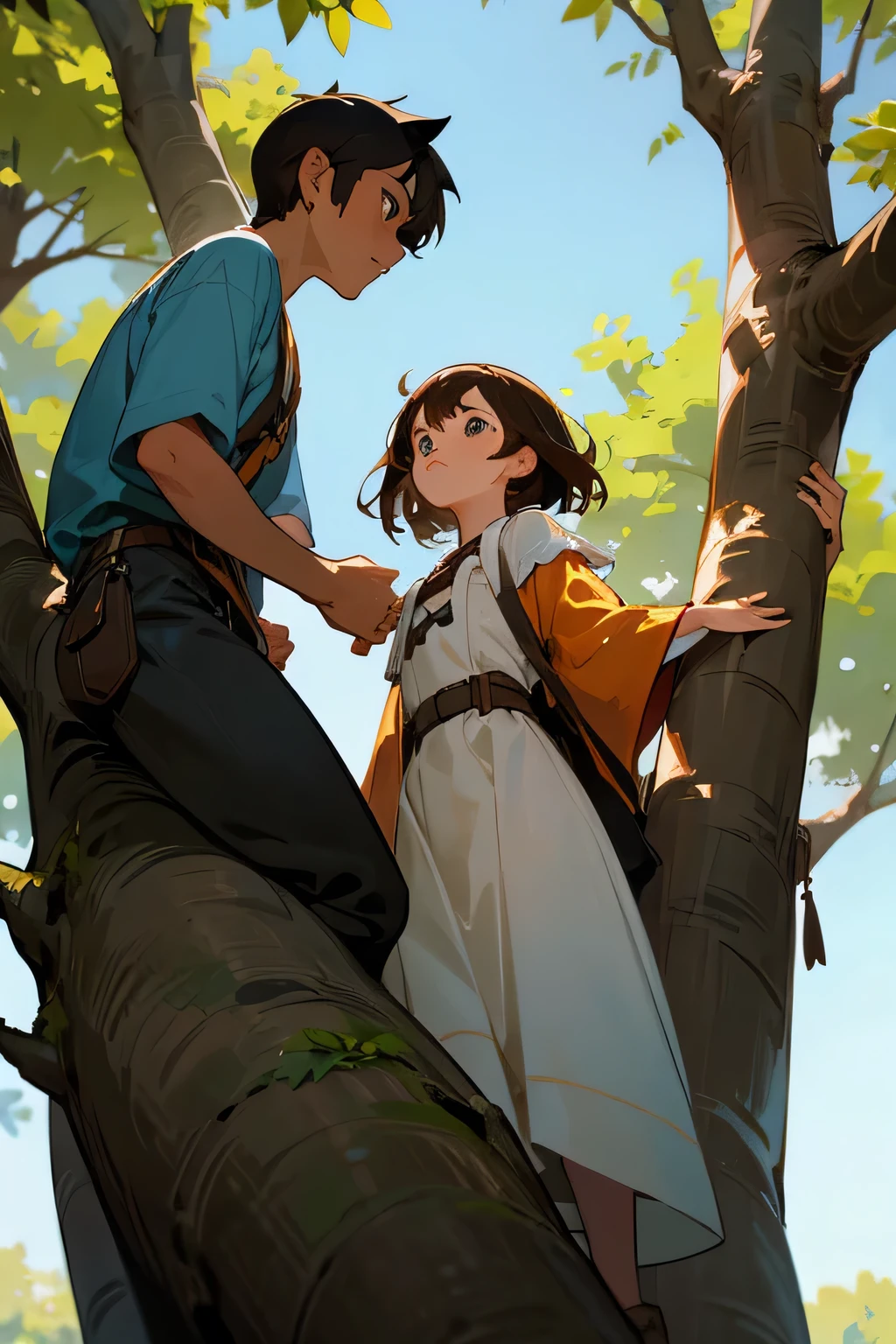 A girl with brown hair and brown eyes is about to come down from the tree，A boy with black hair and light blue eyes is about to climb a tree，Two people look at each other，The morning sun spreads between them