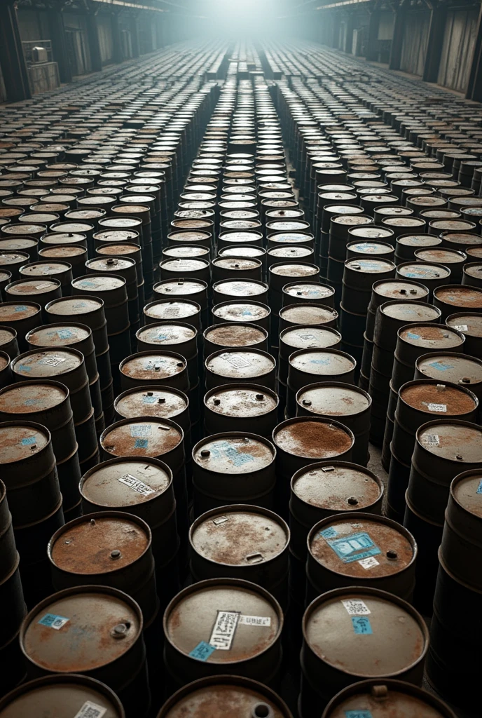 Thousands of 208-litre metal barrels 
