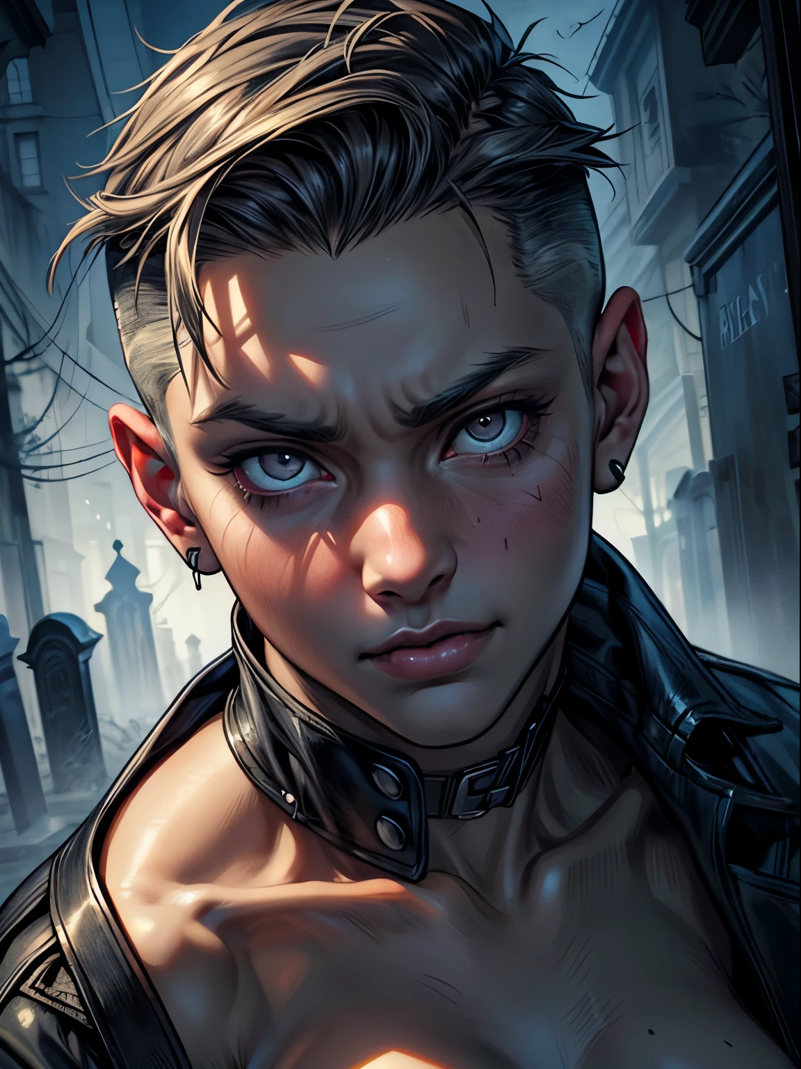 Masterpiece, best quality, Super display, Very realistic, Highly detailed face, Clean and delicate face, whole body(Masterpiece best quality: 1.2) "Zombie, sexy zombie, short hair, undercut, sexy anime style, charming, charming, big breasts" Scary graveyard background with other ghosts around, in the style of a leading portrait painter.