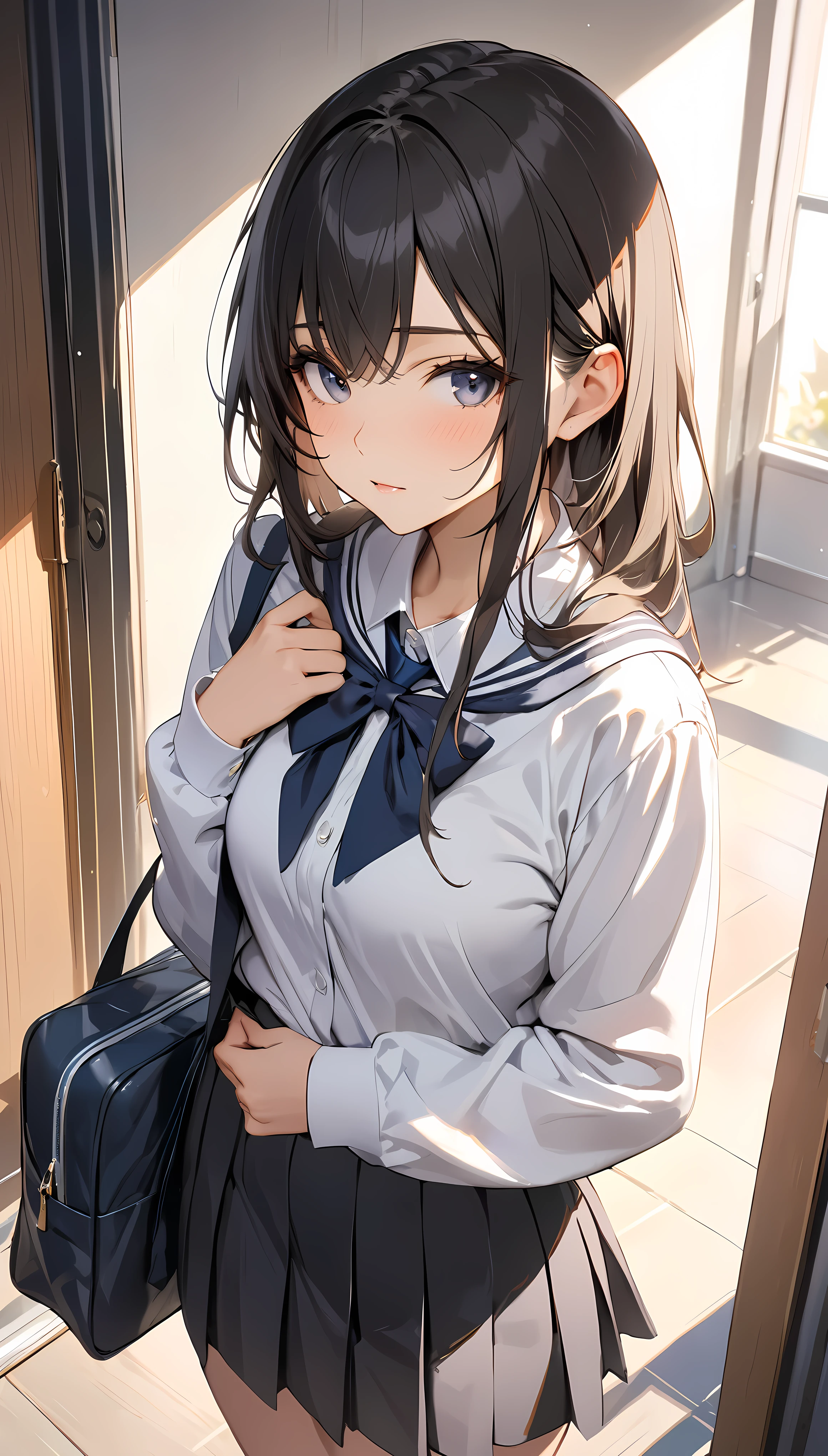 (masterpiece, Highest quality:1.2), One person, One personで, high school girl, Mid length, Girls&#39; high school sailor uniform, Navy Pleated Skirt, Pure white blouse, I have feelings for you, Dynamic Random Shots, Attractive cleavage, Elastic thighs, Red ribbon, ARW