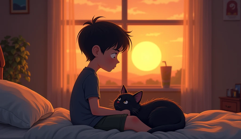 “Sam is sitting on his bed, looking sad and thoughtful. Shadow, the dark-furred cat, is in his lap, looking up at him with a gentle expression. The room is softly lit, with a warm, comforting atmosphere. Outside the window, it’s evening, and the sky is turning orange with the setting sun.” In cartoons 