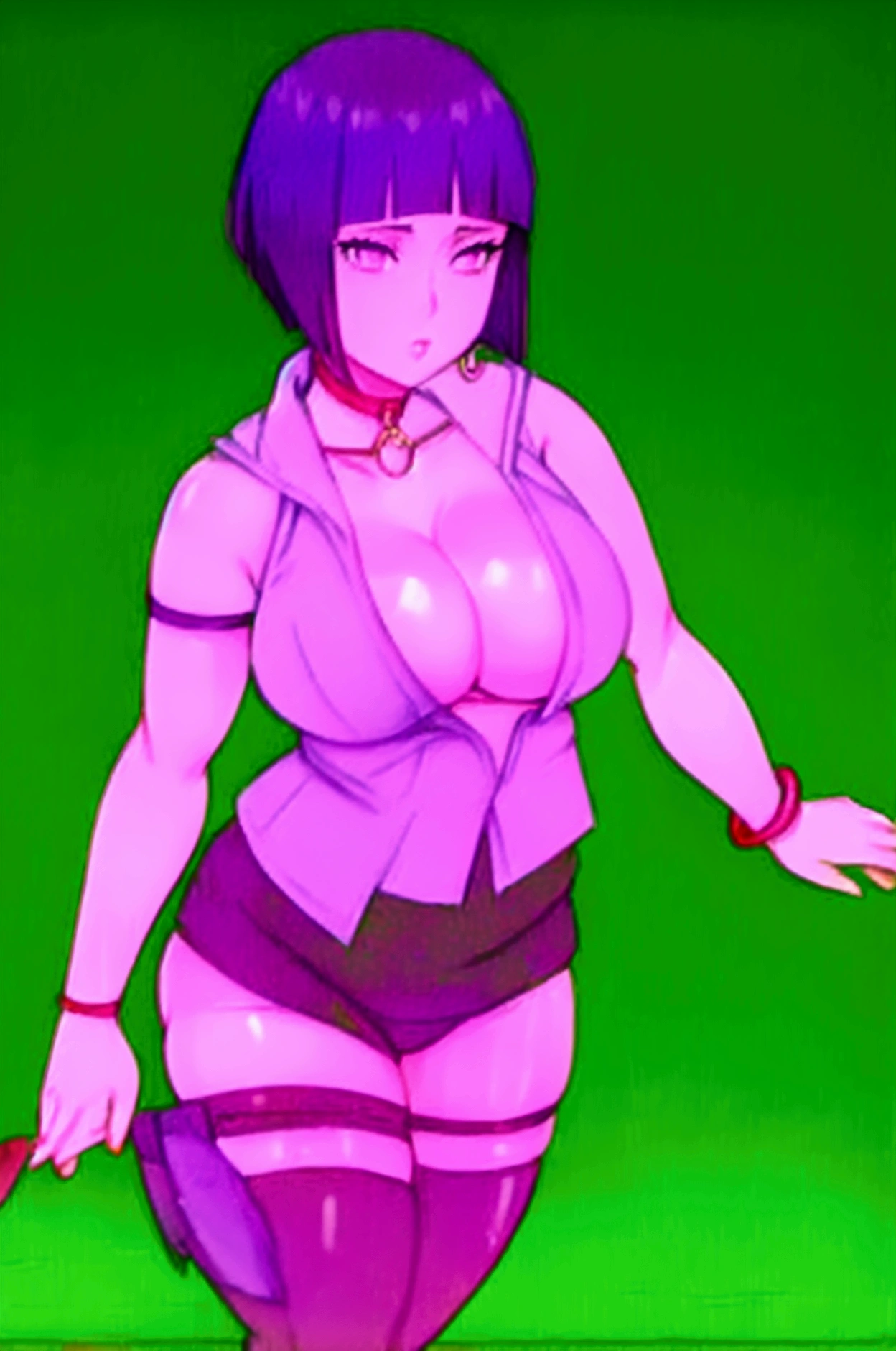 Hinata hyuuga,Enchanced big breast,Wide hips,curvy figure,((Strapless thin shirt with cleavage)),low rise yoga pants,undercut Bob hair,Cleavage,Thick lips,Saggy breast,Solo,gold Vertical bar earring,Wedding ring,Human anatomy,Milf,1girl,Solo,((Shoulderless)),Sleeveless,Hyper quality,normal color,modern anime artstyle,Gold chain necklace,Hoop bracelet,Long nail