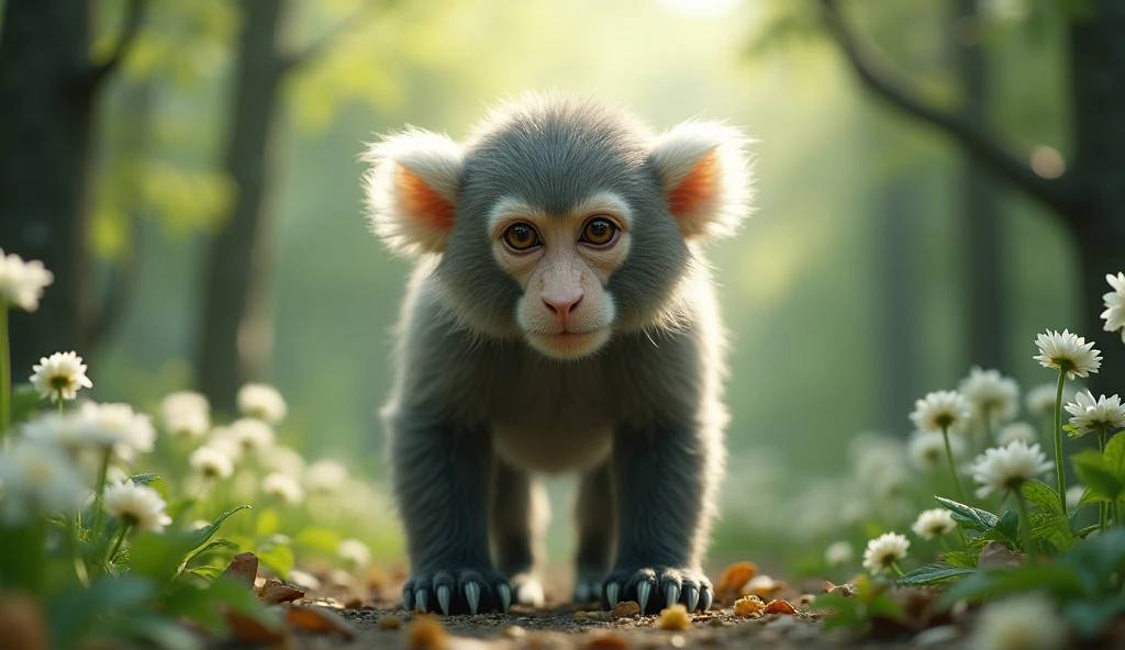 Front view，There is a wild beast in the osmanthus forest，It looks like a monkey with white ears.，Standing and walking（best quality，4K，8k，High level，masterpiece：1.2），Ultra Detailed，（lifelike，Photo real，Photo real：1.37）