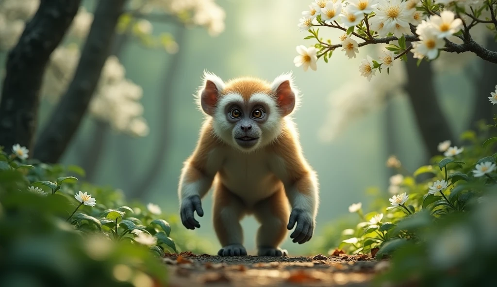 Front view,There is a wild beast in the osmanthus forest,It looks like a monkey with white ears.,Standing and walking(best quality,4K,8k,High level,masterpiece:1.2),Ultra Detailed,(lifelike,Photo real,Photo real:1.37)
