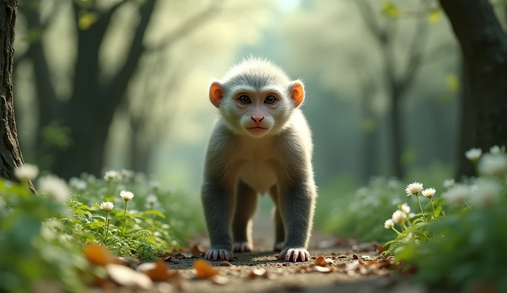 Front view,There is a wild beast in the osmanthus forest,It looks like a monkey with white ears.,Standing and walking(best quality,4K,8k,High level,masterpiece:1.2),Ultra Detailed,(lifelike,Photo real,Photo real:1.37)