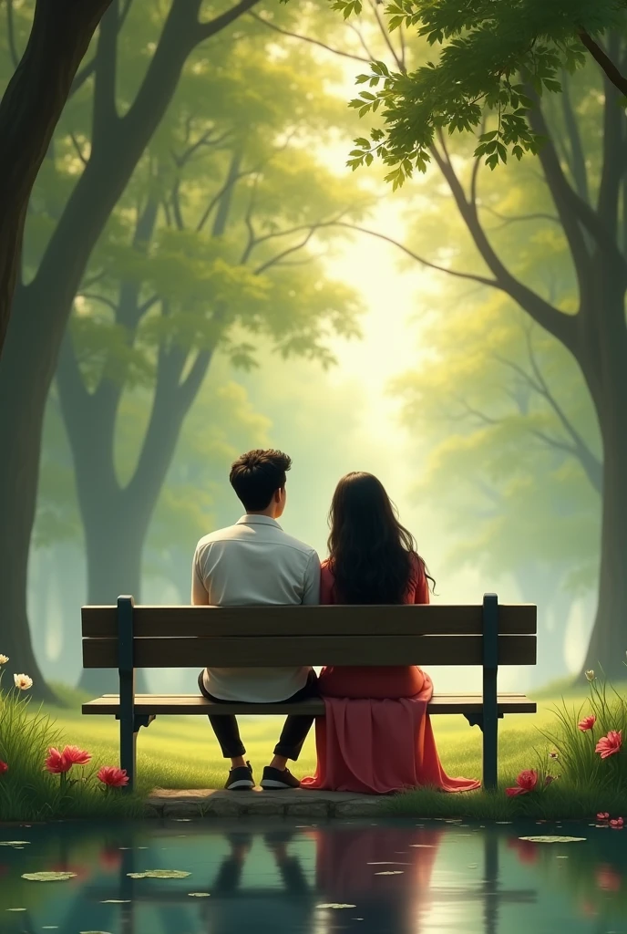 Create a picture of couple name is Mohaimen and saira sitting on bench 
