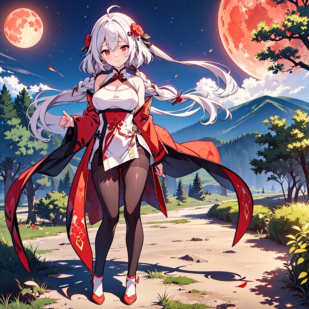 
1girl, solo, full body, very long hair, dark red/white hair, hair ornaments, red eyes, lightly tanned body, toned body, large breasts, big butt, wearing a black qipao, black pantyhose, standing on top of a mountain looking over a vast forest, looking at the side, red moon in the sky,
