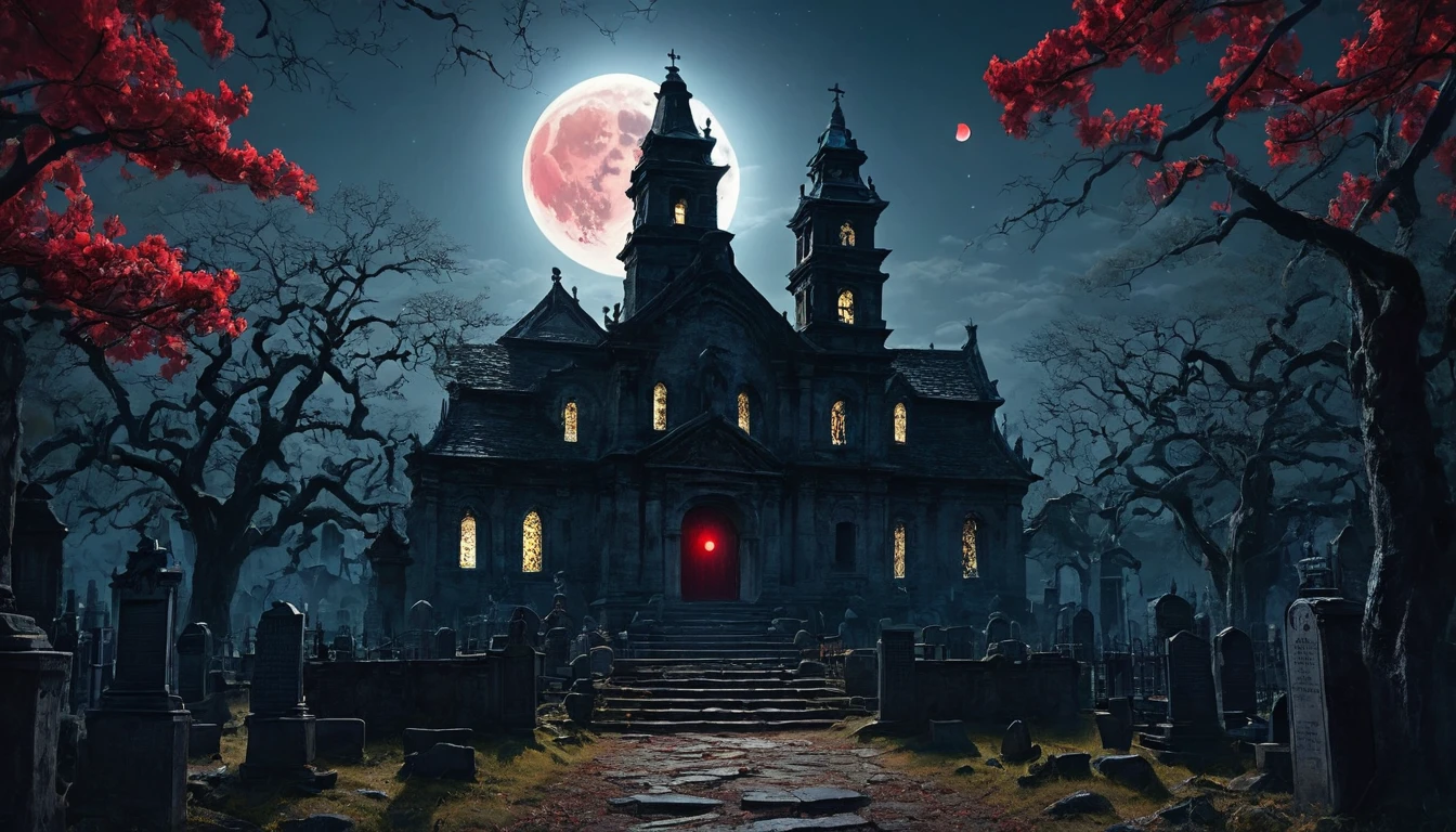 Create a dark graveyard landscape。Different world(Close-up)、Red full moon、(ultra-Detailed Background, Detailed Background), Absurd, High resolution, Super detailed, Very detailed, Portrait Photography、{{masterpiece}}, Highest quality, Very detailed 8k 壁紙, Cinema Lighting, Detailed landscape、