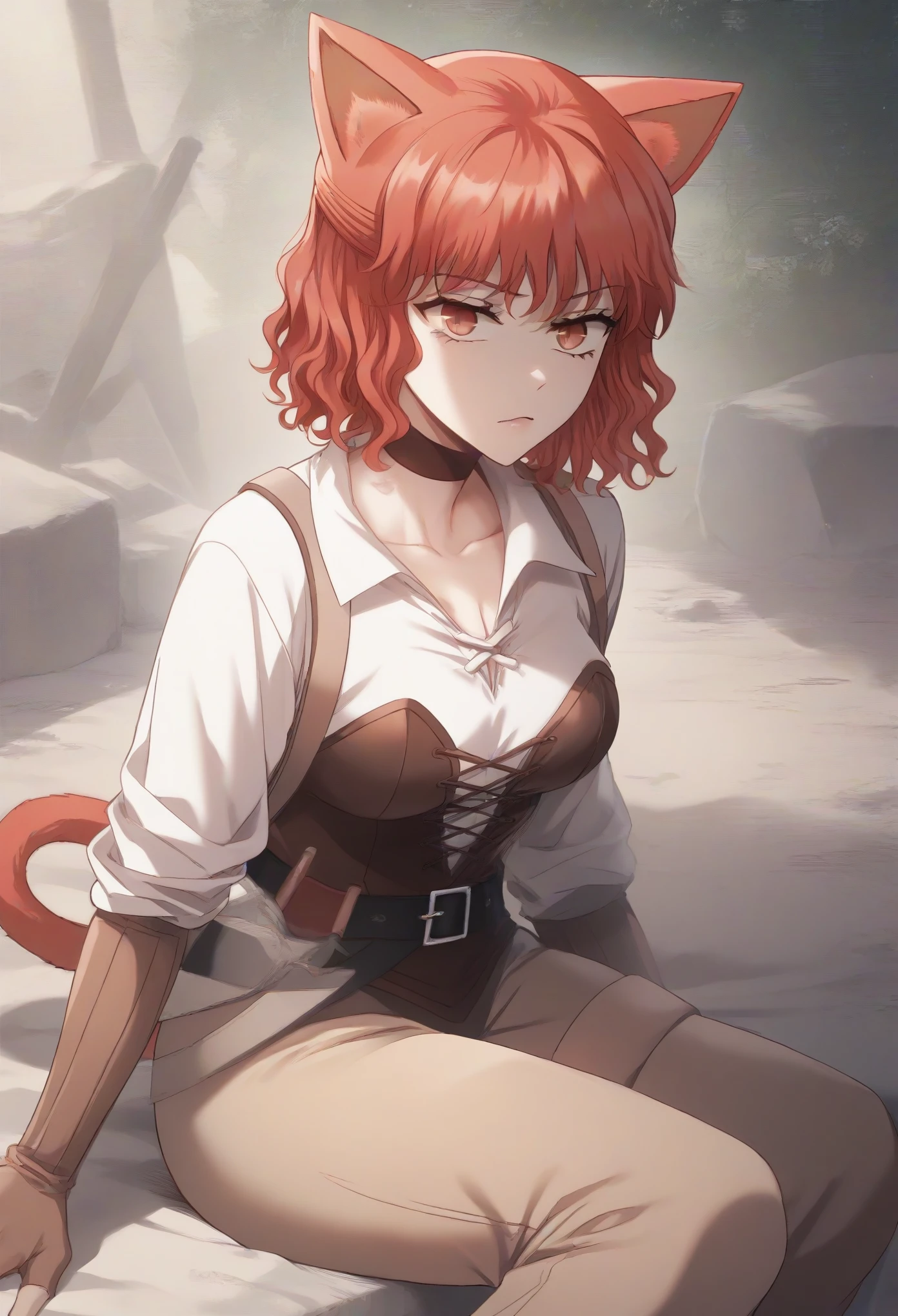 MisshaKarlstein, cat woman, red eyes, red hair, short hair, wavy hair, battle uniform