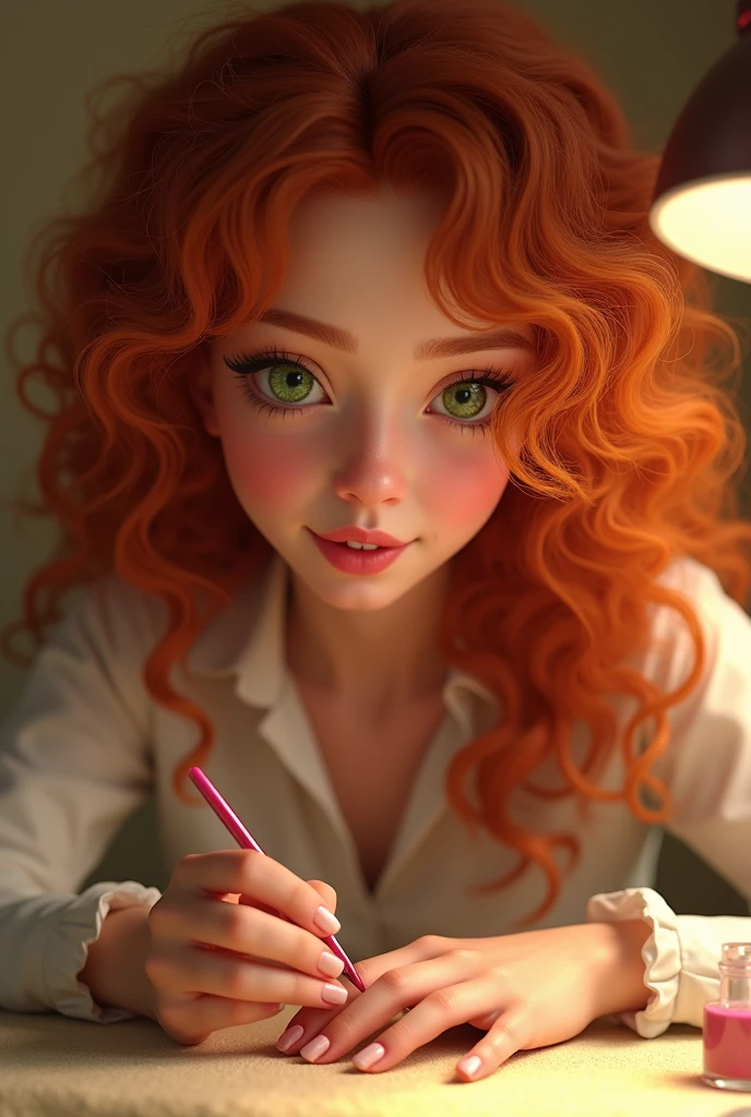 Hyperrealistic digital image of a curly redhead woman with green eyes is doing a manicure on her nails, They are in an appropriate place. image with yellow tones