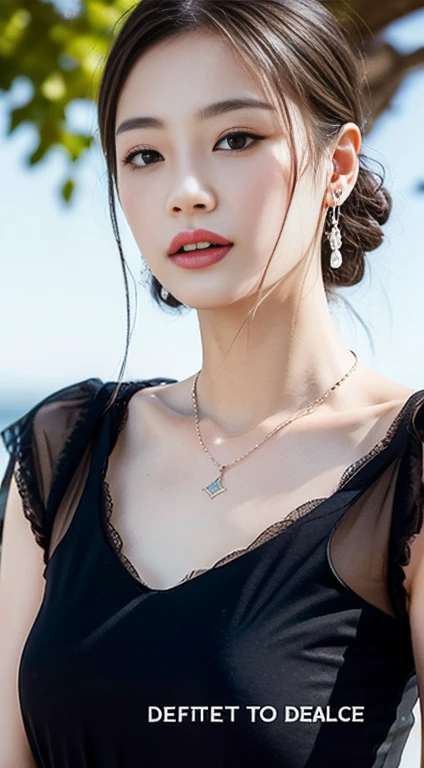 The image is a black and white text that appears to be a description of a necklace. The text is written in a cursive style and is accompanied by a picture of a necklace. The necklace is described as having a "sweetheart" shape, and the text goes on to describe the various details of the necklace, including the lace and the tulle-like fabric. The text also describes the person wearing the necklace, stating that they are also wearing a "delicate" necklace with a "symmetrical" design. The text concludes by suggesting that the background of the image is outdoors, with bare trees.