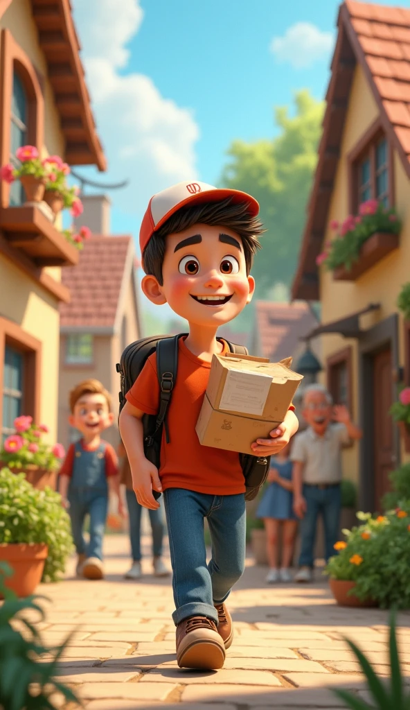 Show Felix delivering mail with a cheerful expression, interacting joyfully with the villagers who are smiling and waving back at him.