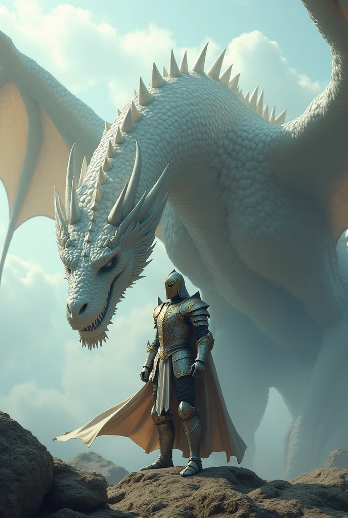 High-fantasy digital artwork featuring a knight and a dragon. The knight, clad in intricately detailed, silver and gold armor with a flowing cape, stands on rocky terrain. His helmet obscures his facial features, adding an air of mystery. The dragon, positioned behind the knight, is massive and covered in white, scale-like armor with sharp, menacing horns and claws. The dragon's wings are partially spread, showcasing their impressive span. The background is a cloudy, misty sky, enhancing the epic and mystical atmosphere of the scene.4K, anatomically correct, masterpiece, high details, award winning, high quality, super detail, best quality, 8k