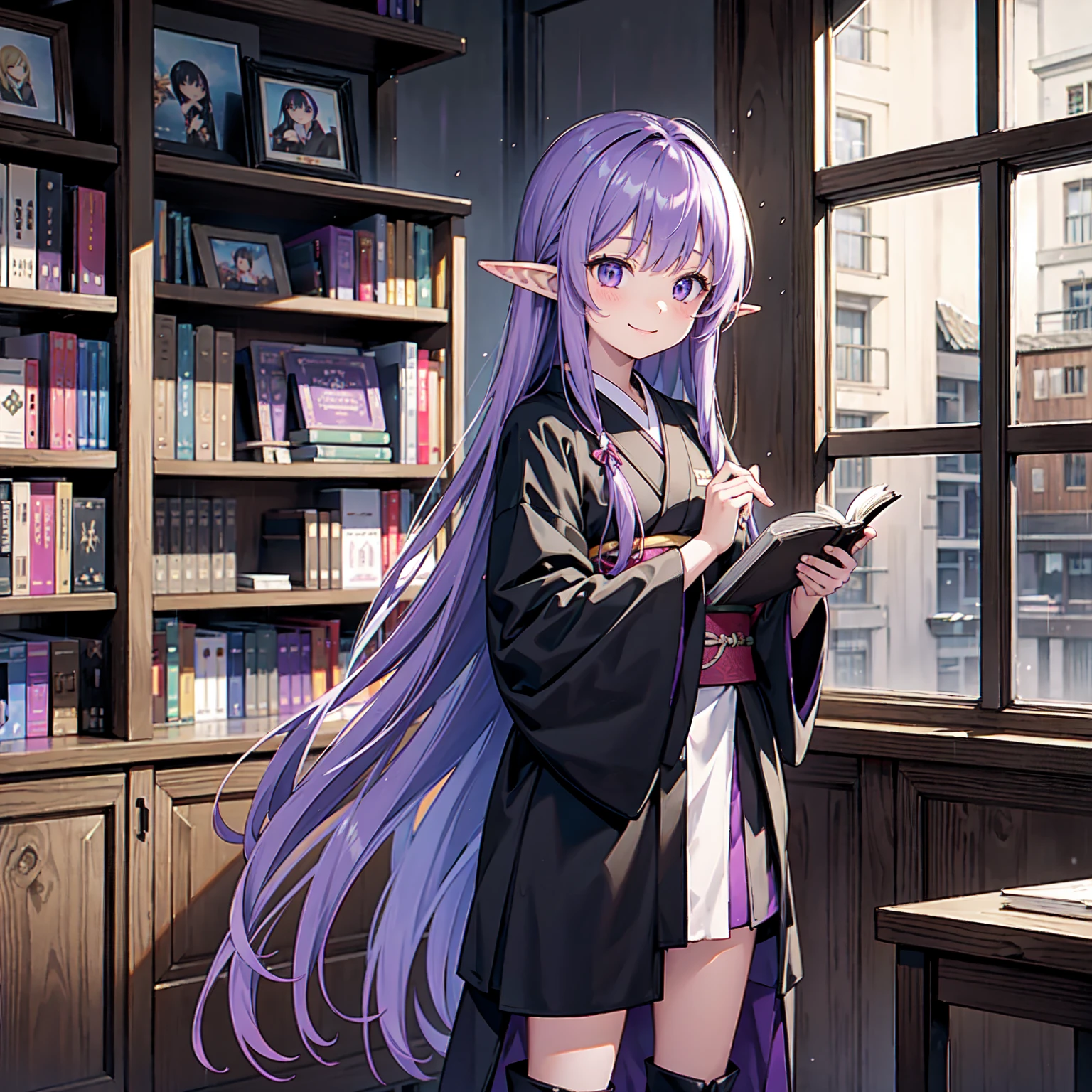 A girl takes a book from a bookshelf. She is fishing through the bookshelf. Which book shall I choose? A happy smile. Vivid. Nostalgic. Purple hair. A girl with long purple hair. Pointy elf ears. Her clothes are simple: a black robe with wide sleeves and a black miniskirt. Her knees stick out. V-shaped white inserts on the front like a kimono. Black boots. Standing figure. Background: heavy rain outside window at night, library, no other people. Unoccupied, dilapidated library. Lots of bookshelves lined up. Outside, night, rain.
