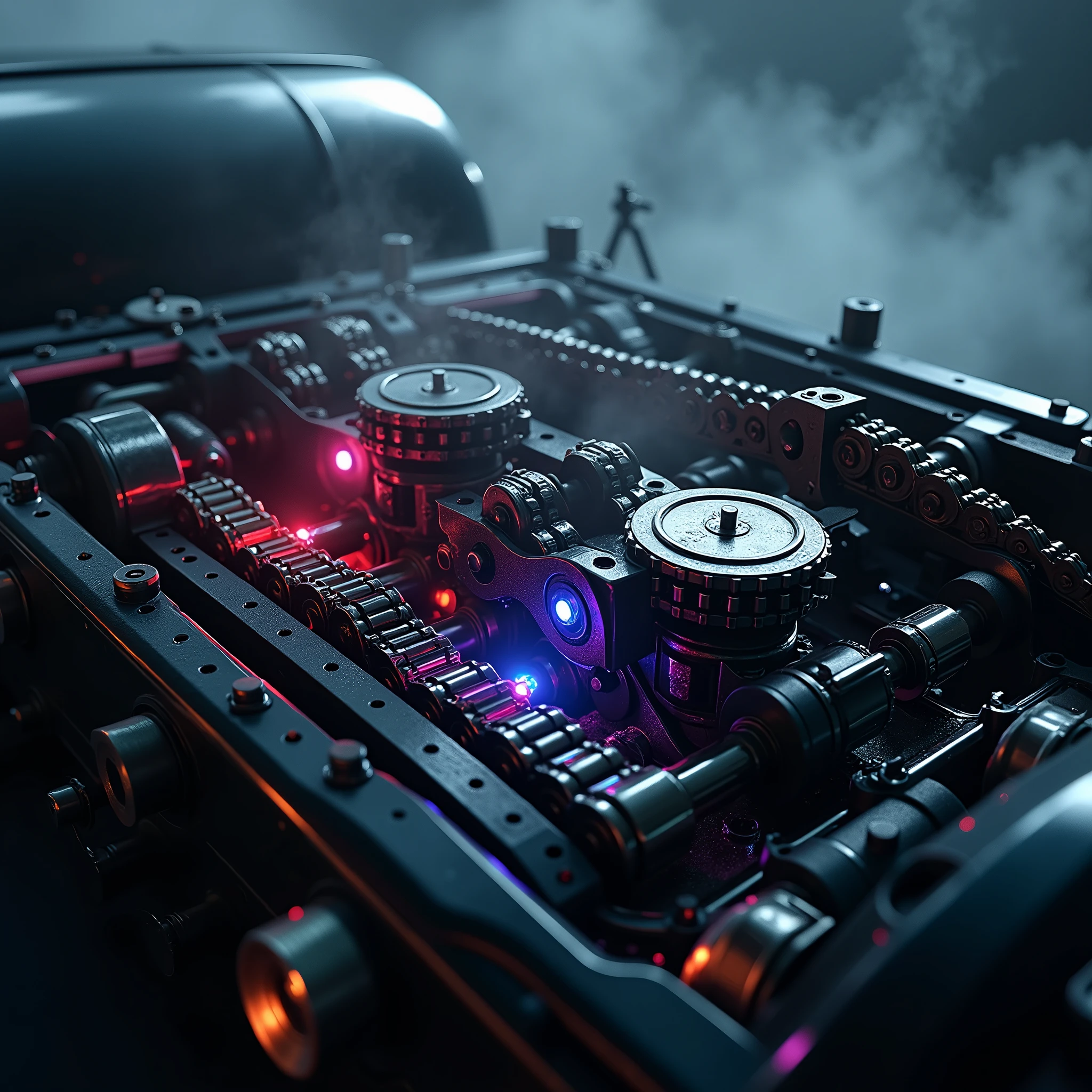 (smoky dust background). So many beautiful gears and timing chains, close-up shots of the timing chains, dynamic camera work, inside of an automobile, beautiful metallic light reflections, colorful led growing from inside, focus on timing chains, black machine oil reflecting the lights