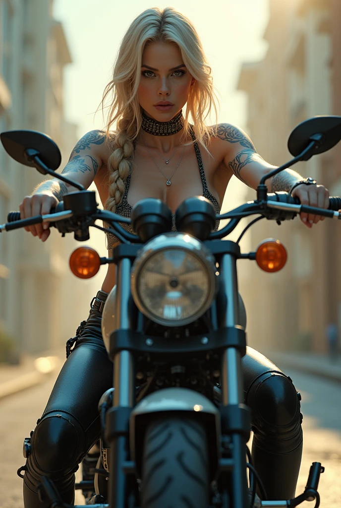 Hyper-realistic, 8K photograph of a '90s style black and white tattooed pin-up blonde Diva with a pink flashy gloss lips stick, taking a photographic posture with her legs on the road holding the motor-cycle, taken sideways, sitting correctly on a customized Harley-Davidson of the 90's model, one hand on the handle-bar and the other hand holding an upwards AR-21 model, with an assuming look, looking straight at the camera, ready to shoot, zooming out, in a street of L.A