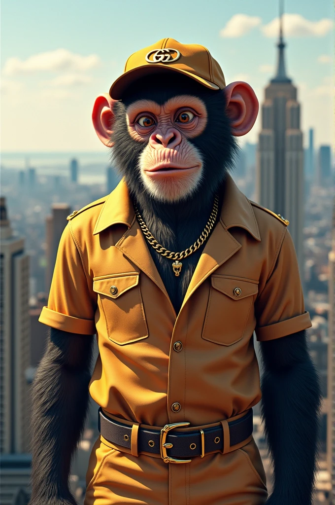 An image that has these characteristics,  character an adult monkey and have a Gucci cap on his head, He should wear a Gucci shirt, Gucci pants, and a gold chain around his neck, and the background should be a very well-known city.