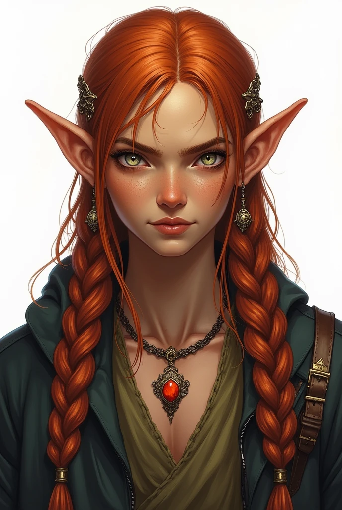 high elf, young adult, masculine, gourd-colored skin, long braided hair with ornaments, copper color with a golden streak, freckles on the face, ear ornaments, silver eyes, magician. A necklace with a small red rock. white background, estilo Dungeon and dragons