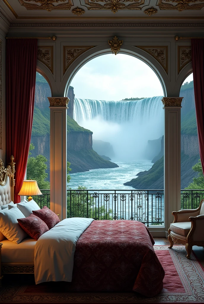 Riverside bedroom。A baroque bedroom with a dramatic view of Niagara Falls。Fantastic and mysterious scenery。bed。unmanned。