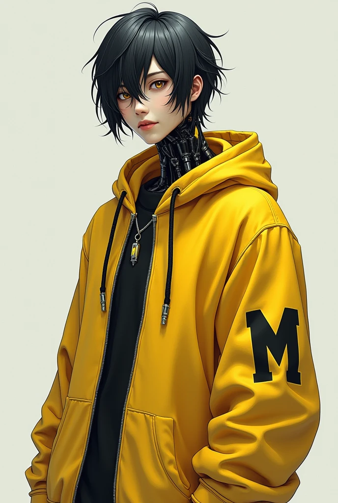 A tall, half-human, half-robotic, slant-eyed, medium-haired man with glasses and a yellow hoodie that says &quot;m&quot; on it.
