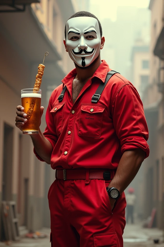 a man in red overalls and the mask used in the series la casa de papel with a glass of beer and a skewer in his hand