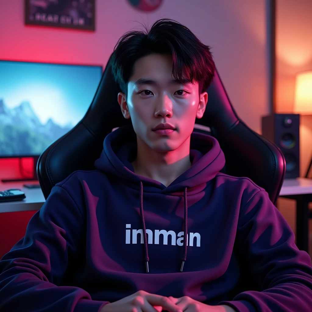 A handsome white Korean man sitting on a gaming chair wearing a dark purple decent hoodie with a name on it " imman "