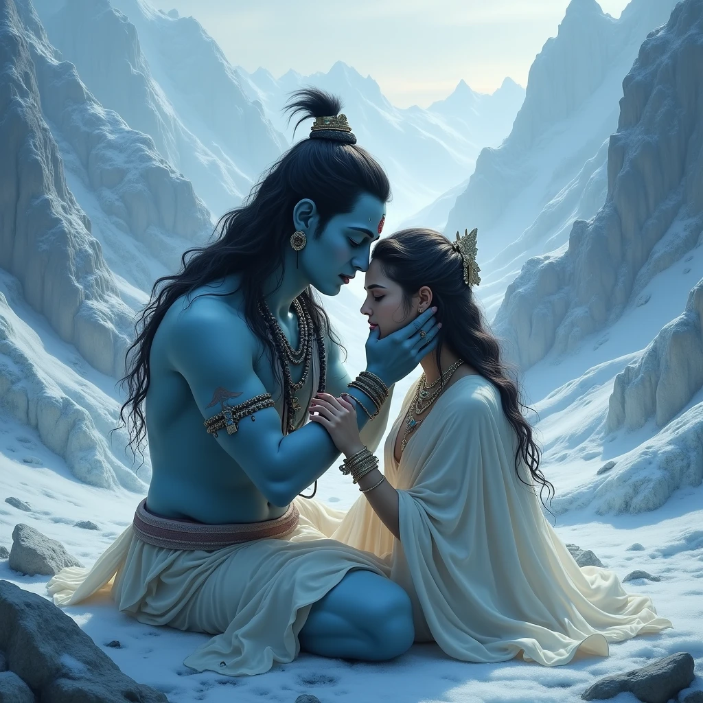 Background ice mountains and Shiva God and Parvati matha setting in the centre of the pic and Shiva hold pravati cheeks and feelings sad