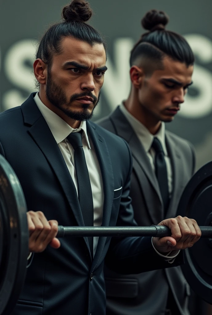 First Man: He is wearing a smart suit, Dark in color, such as black or navy blue, and her hair is tied in a bun. He is in a weightlifting pose, with tense muscles and a face showing great strength and effort. The facial expression is intense, with frowning eyes and slightly open mouth, highlighting physical effort.
Second Man: Next to the first, there is a second man with short pompadour hair, and a thinner face. He has a brown skin color and is also lifting weights., with an expression of concentration and determination. The topknot hair is drawn with details, as if it were well combed.
In the background of the image, is written "Shines Company" in large, visible letters. The text is designed to blend into the setting, with a shine or highlight effect, so that it stands out without distracting from the characters and the weightlifting action.
THE BACKGROUND IS SIMPLE, possibly with some gym equipment or a neutral pattern, to keep the focus on the men and the text. Lighting should highlight both characters and weights, with shadows to add depth and realism to the scene.