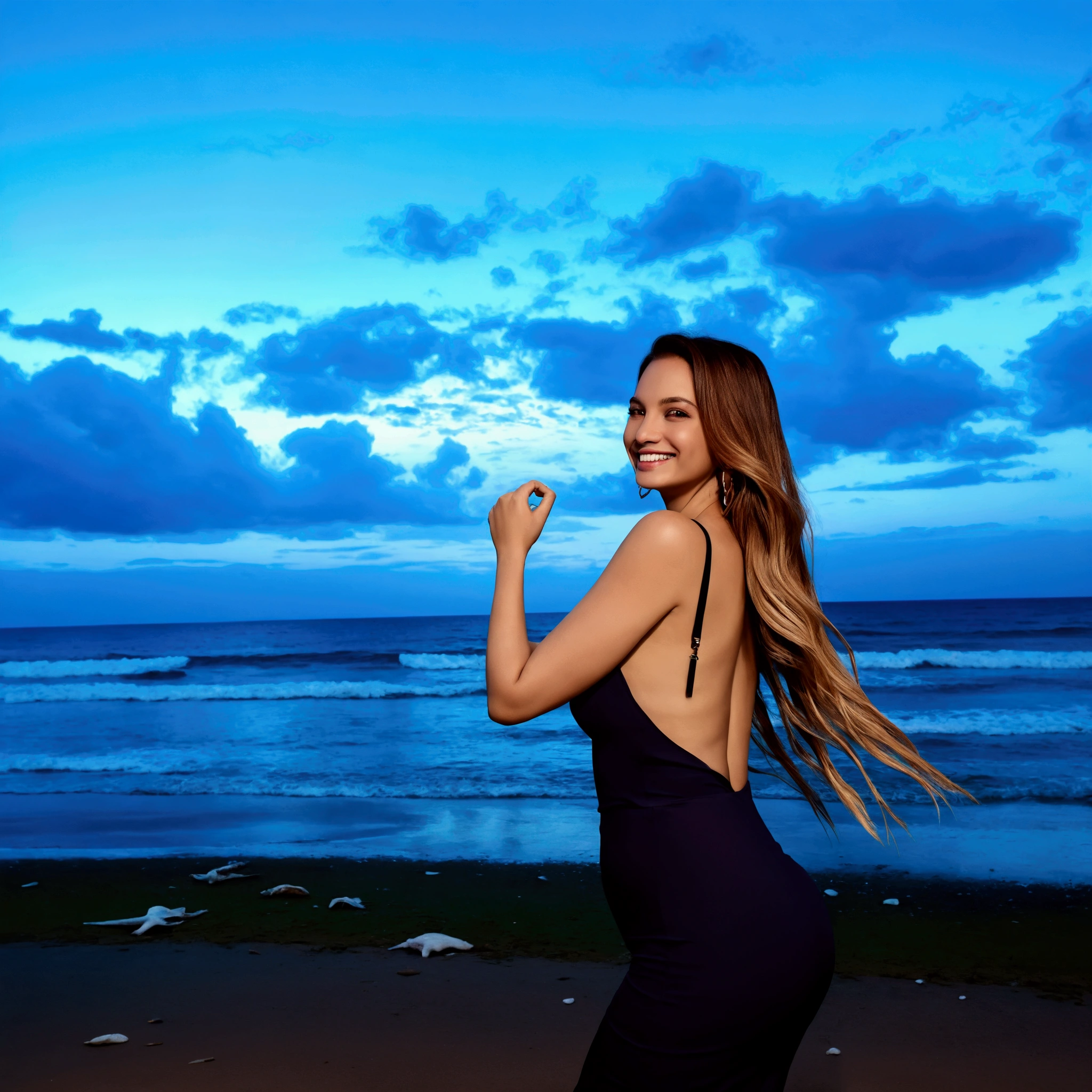 “Enjoying the serenity of the beach at dusk, with the sky painted in hues of blue, the sea in the background, and a carefree smile, capturing the essence of freedom and peace.”