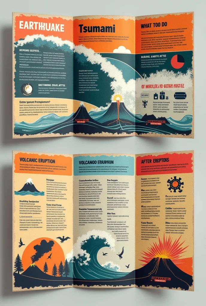 Bold, textured, illustrative tri-fold brochure featuring detailed information on earthquake, tsunami, and volcanic eruption preparedness. The brochure includes sections on what to do before, during, and after each disaster, using eye-catching visuals and clear, concise text.