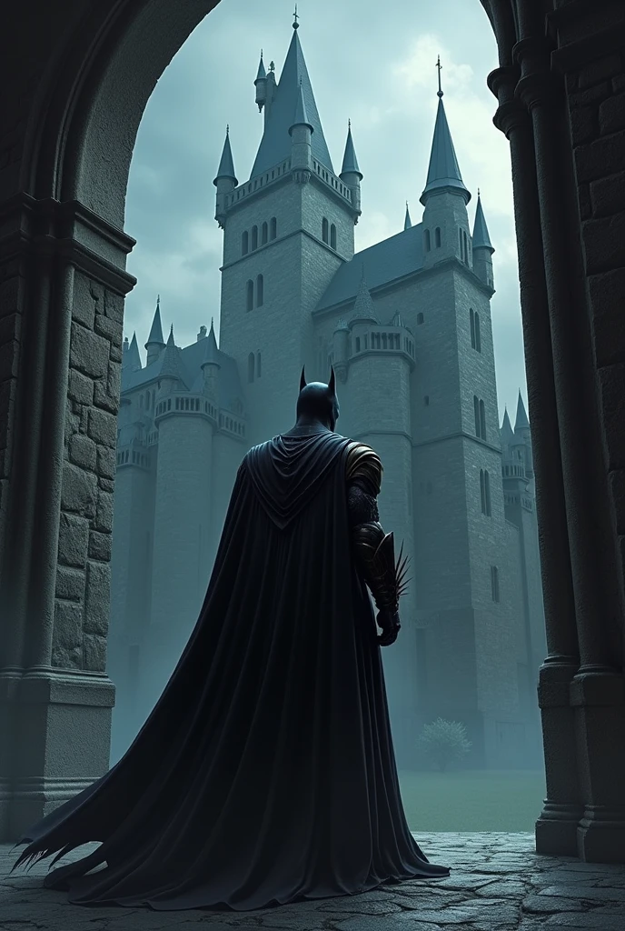 Illustration about the dark knight, standing at the dark castle