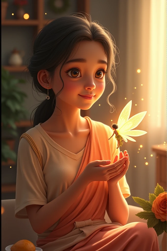 Generate a realistic photo.Image: Chintu’s mother looking healthy and happy at home. The fairy is beside her, adding a magical glow around her, indicating her well-being.
