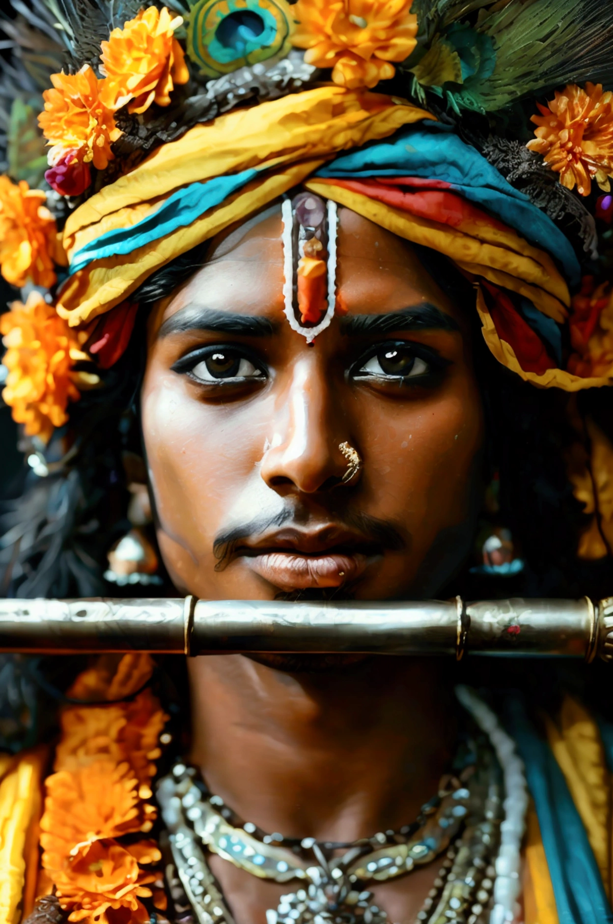 a beautiful detailed face of Lord Krishna,intricate detailed facial features, intense gaze, playing a flute, against a dark moody black background, dramatic lighting, cinematic composition, highly detailed, digital art, concept art, vibrant colors, cinematic lighting, masterpiece