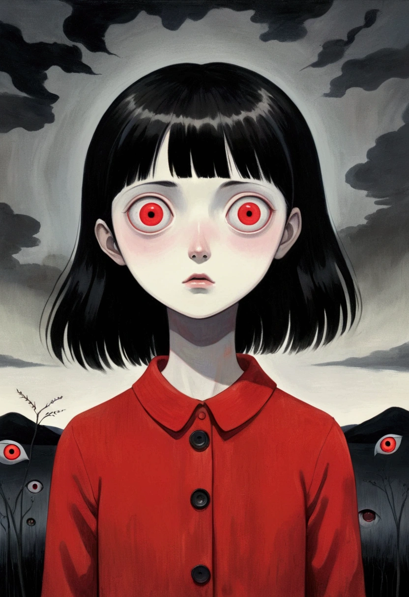 painting of a person standing in front of a red eye, yume nikki, animated film still, still from animated horror movie, inspired by Junji Ito, animation film still, one eye red, red-eyes, visible pupils, inspired by Gertrude Abercrombie, junji ito artwork, eerie and grim art style, red eyes wide open, animation still