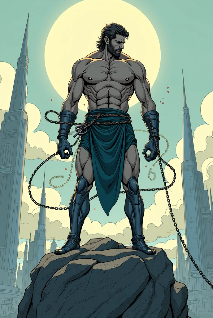 Generate a book cover "Prometheus Bound" based on the present where in this story Prometheus gave feelings to the ia he must be chained to a rock, It must be an easier drawing style