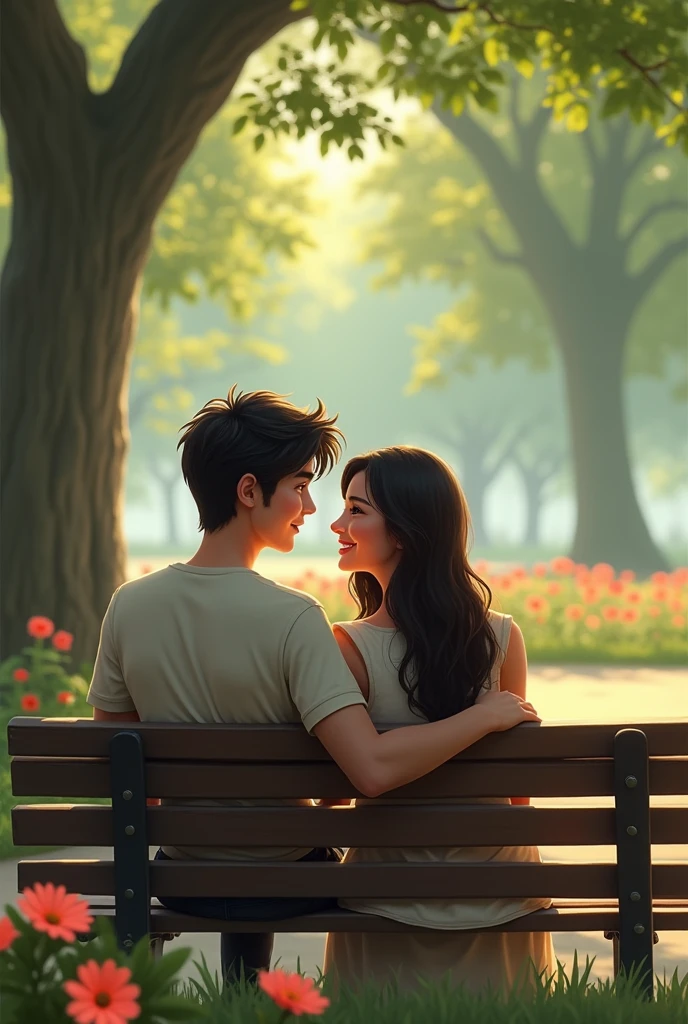 Create a picture of couple name is Mohaimen and saira sitting on bench name of boy is Mohaimen & girl is saira