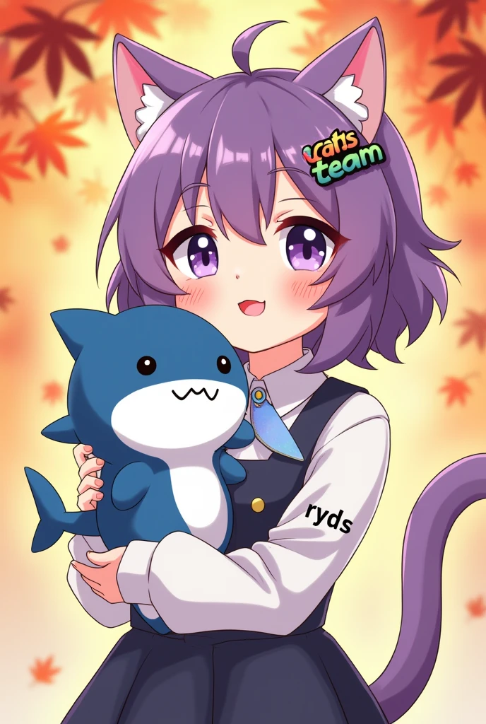 Cat cat anthropomorphic，With maple leaves background，Blue Kawaii little shark doll，Purple hair and eyes，Conservative clothing for women，Cute personality，Holding a kitten，There are letters RYDS on the arm，A small hairpin with the words Cats Team on it