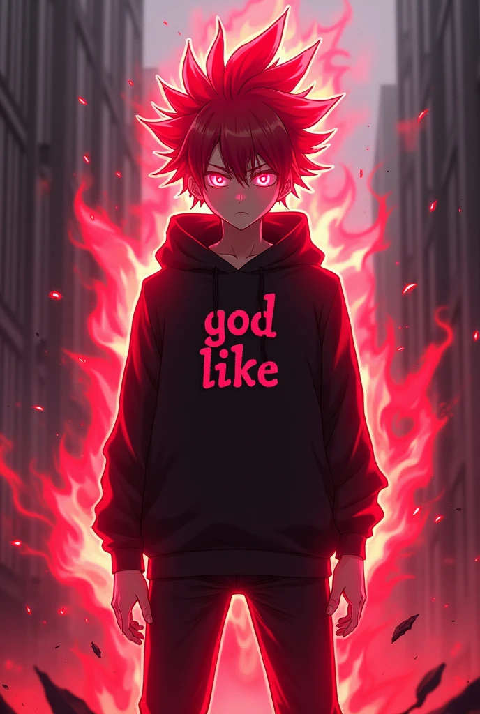 Kai is a anime boy with piercing glowing mystical red eyes , medium neon red hair spiking up, he wears a black hoodie with a cool design name “god like” and he wears black pants and he stands in battle mode radiating powerful red aura neon